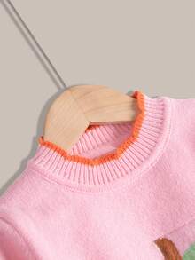 SHEIN Young Girls Pumpkin Pattern Frill Trim Sweater - Pink - View 3