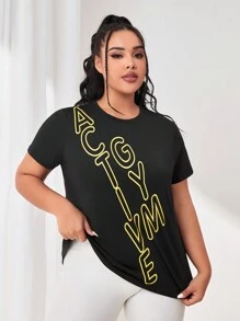 SHEIN Daily&Casual 大碼字母圖案運動T恤 - 黑色 - 查看 3