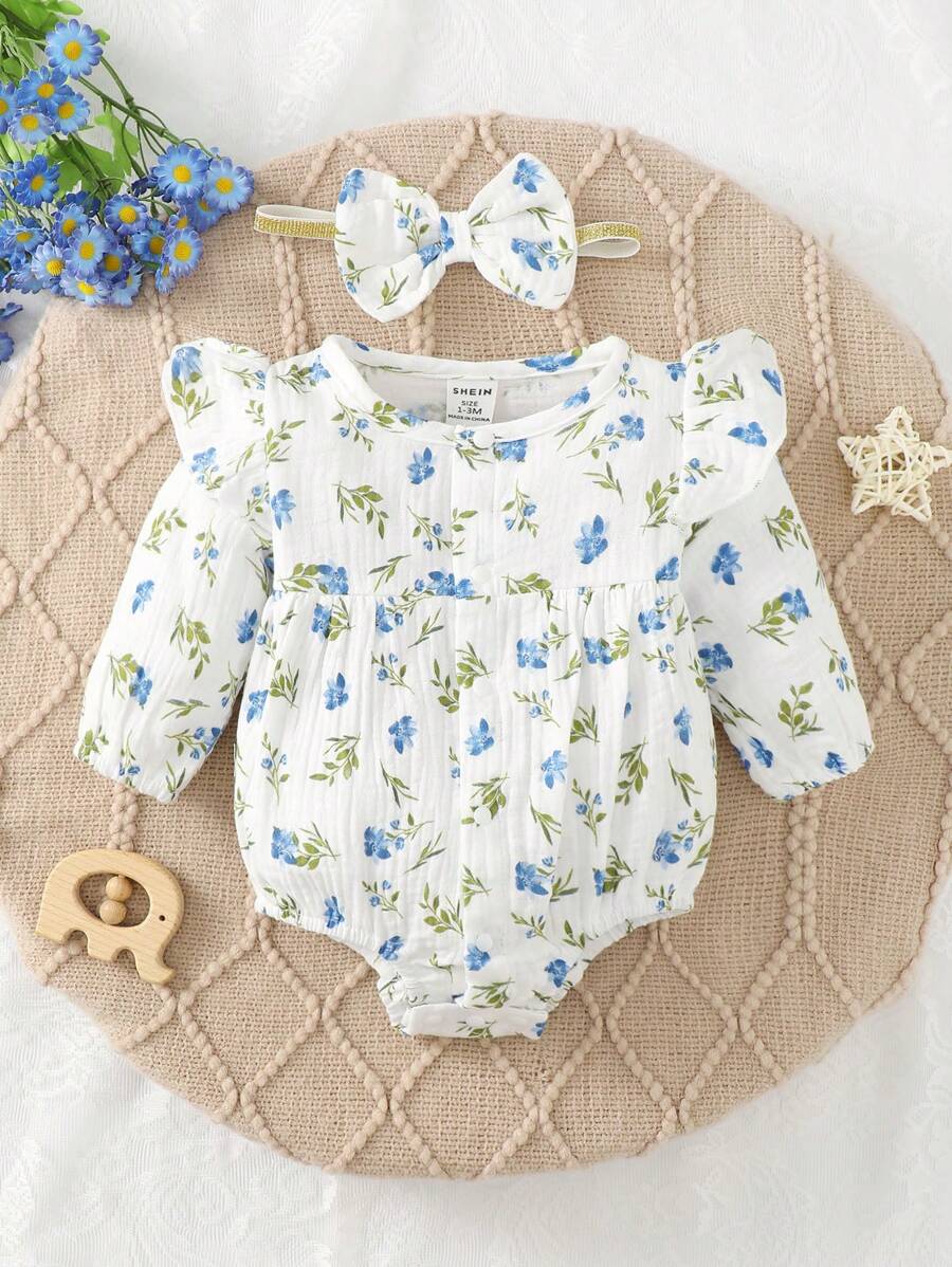 女嬰印花荷葉邊連體衣和頭巾 - 彩色 - 查看 1