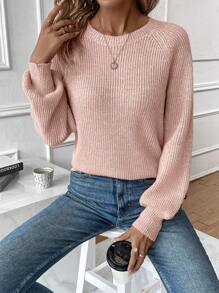 SHEIN Essnce Solid Raglan Sleeve Ribbed Knit Sweater - Baby Pink - View 6