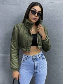 SHEIN Unity Zip Up Crop Padded Padded Coat For Winter Clothes - Army Green - View 1
