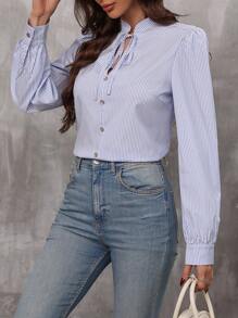 SHEIN LUNE Striped Print Tie Neck Puff Sleeve Blouse Fall Cloth For Women - Blue and White - View 4