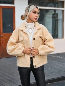 SHEIN Essnce Cazadora teddy con bolsillo con solapa de hombros caídos - Albaricoque - Ver 4