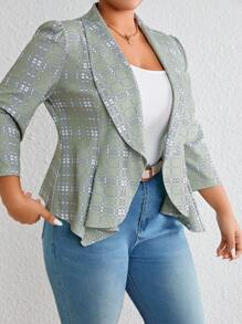 SHEIN Clasi 大碼格紋印花青果領開門襟西裝外套 - 綠色 - 查看 6