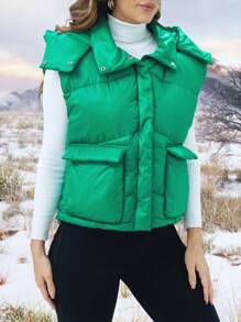 SHEIN LUNE Flap Pocket Hooded Puffer Vest Coat