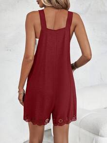 SHEIN LUNE Laser Cut Scallop Trim Dual Pocket Scallop Trim Cami Romper - Burgundy - View 2