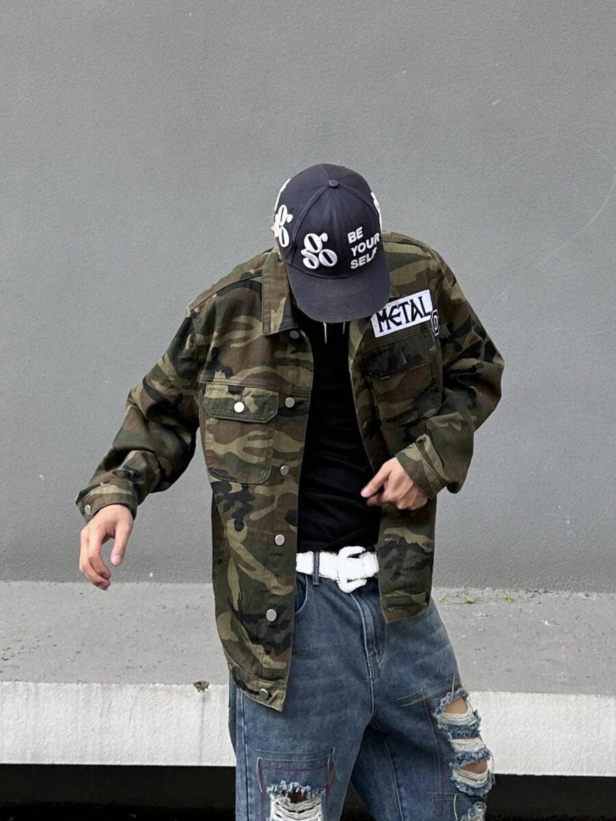 Manfinity Men Camo Print Letter Patched Drop Shoulder Denim Jacket - Army Green - View 1