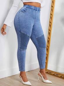 SHEIN SXY 大碼彈性腰帶緊身牛仔褲 - 淺色水洗藍 - 查看 1