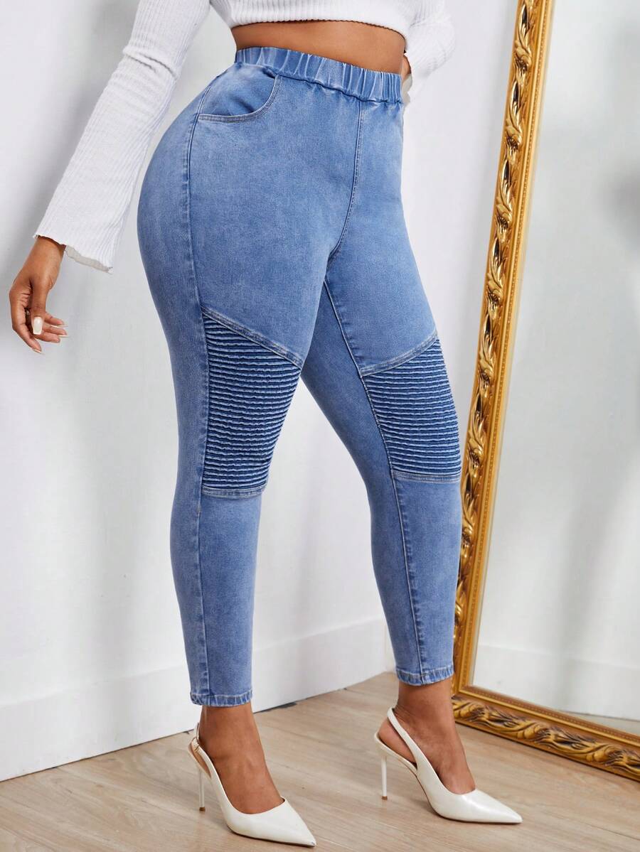 SHEIN SXY 大碼彈性腰帶緊身牛仔褲 - 淺色水洗藍 - 查看 1