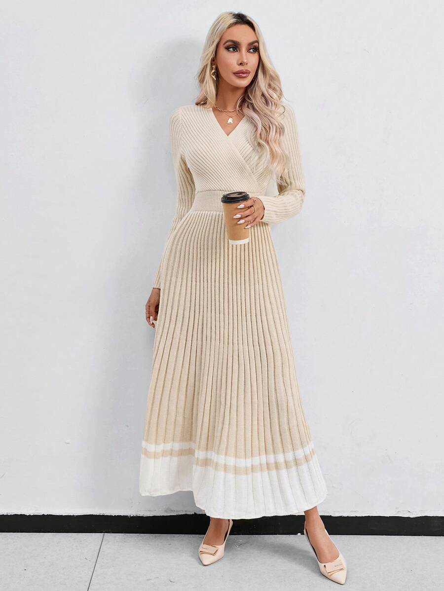 SHEIN Privé 撞色交疊領百褶下擺毛衣洋裝 - 卡其色 - 查看 1