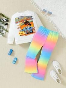 SHEIN 女小童汽車和字母圖案運動衫和漸層喇叭褲