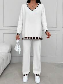 EURMUSE Contrast Trim Drop Shoulder Sweater & Knit Pants - White - View 3
