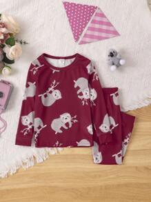 年輕女孩4入組卡通圖形對比綁定緊身睡衣套裝 - 紅色 - 查看 3