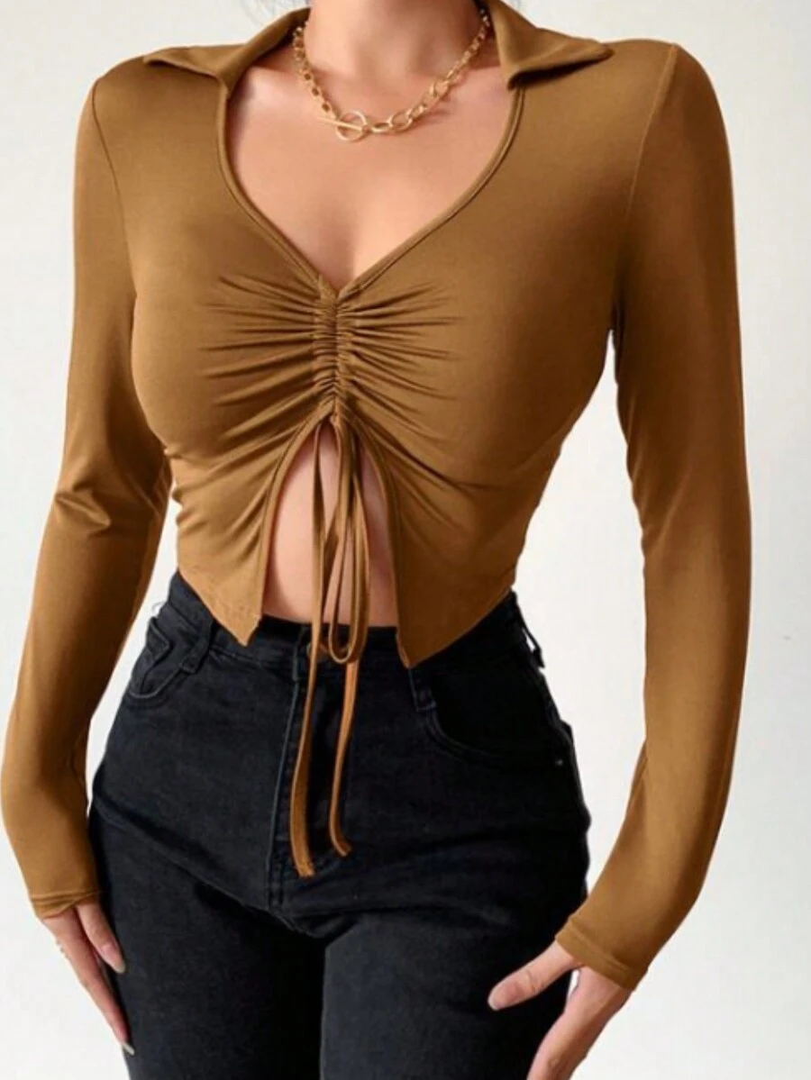 SHEIN EZwear 前抽繩短款T恤 - 棕色 - 查看 1