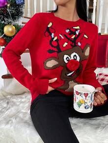 SHEIN LUNE Họa tiết Giáng sinh bất kỳ mẫu nào Áo len - Đỏ - Xem 4