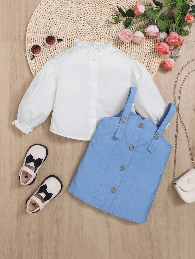 Baby Girl Frill Trim Blouse & Button Front Overall Dress