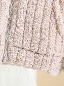 SHEIN Tween Girl Bear Embroidery Zip Up Hooded Teddy Jacket - Apricot - View 5