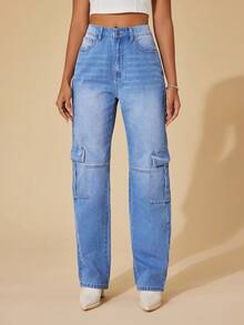 SHEIN BAE Flap Pocket Cargo Jeans - Light Wash - View 6
