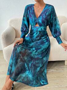 Breezaya Tie Dye Cut Out Front Batwing Sleeve Dress
