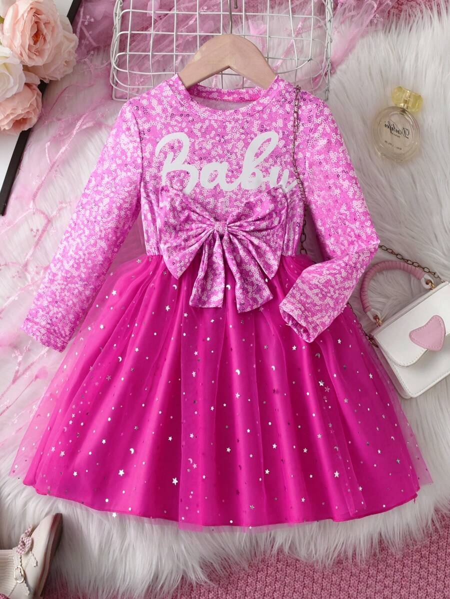 SHEIN 女小童字母圖案前蝴蝶結網紗邊洋裝 - 玫紅色 - 查看 1