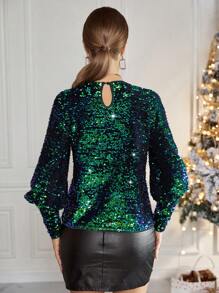 SHEIN Privé Blusa de manga farol con lentejuelas - Verde - Ver 2