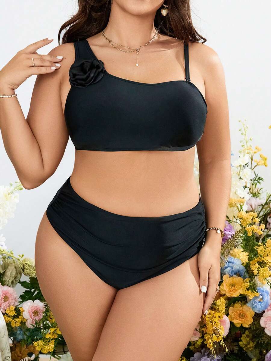 SHEIN Swim Curve 加鑲飾褶皺比基尼套裝 - 黑色 - 查看 1