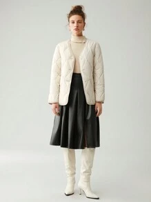 Anewsta Solid Button Front Onion Quilted Coat - Beige - View 3