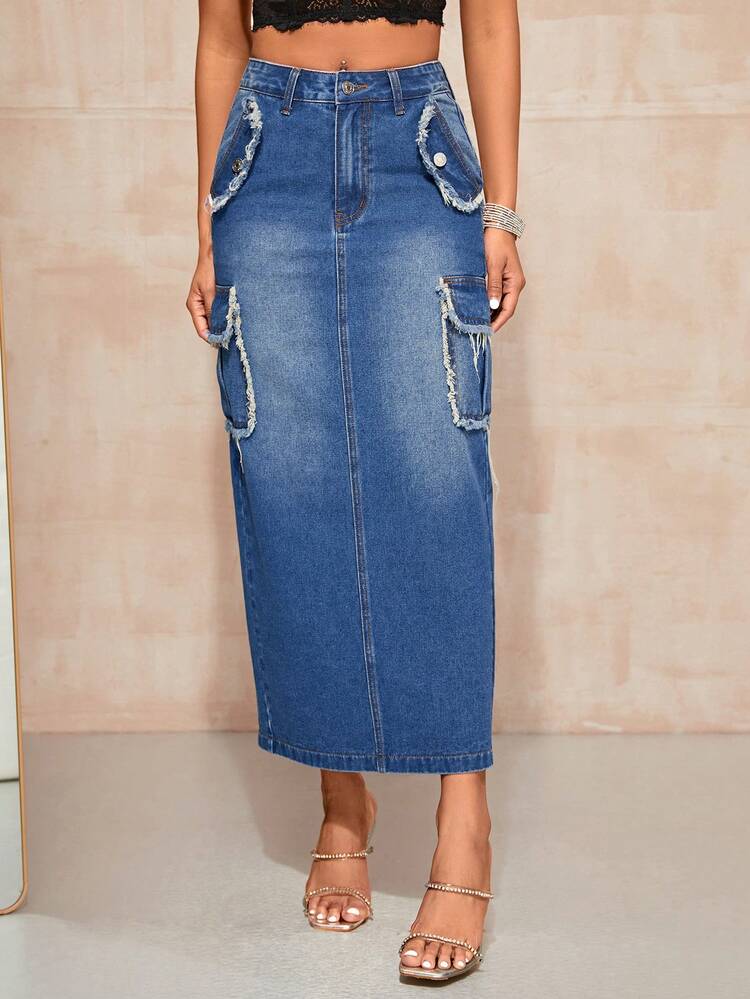 High Waist Flap Pocket Denim Skirt