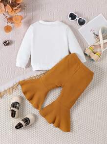 SHEIN Baby Girl Letter Graphic Sweatshirt & Flare Leg Pants - Brown - View 2