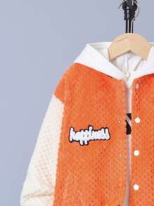 SHEIN Tween Boy Letter Patched Striped Trim Drop Shoulder Varsity Jacket Without Hoodie - Orange - View 4