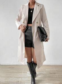 SHEIN Essnce Lapel Neck Double Button Belted Trench Coat - Apricot - View 1