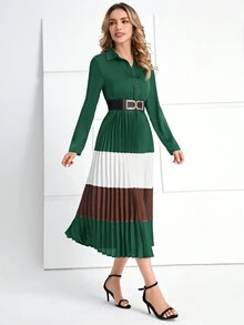 EMERY ROSE 撞色百褶腰帶襯衫洋裝 - 墨綠色 - 查看 5