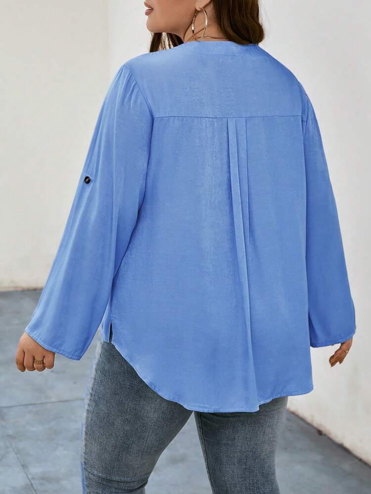 Plus Flap Pocket Half Button Flap Pocket Blouse