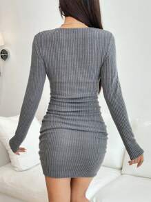 SHEIN EZwear 素色側收褶緊身洋裝 - 灰色 - 查看 2