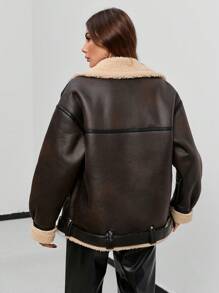 SHEIN Essnce Teddy Lined Belted PU Leather Moto Jacket - Coffee Brown - View 3