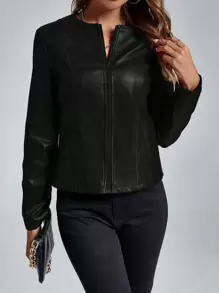 SHEIN Clasi Solid Open Front PU Jacket - Black - View 3