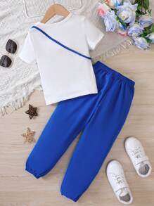 SHEIN Young Girl Car & Letter Graphic Tee & Pants & Bag - Blue - View 2