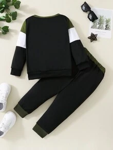 SHEIN 男小童撞色運動衫和標語圖案衛褲 - 彩色 - 查看 2