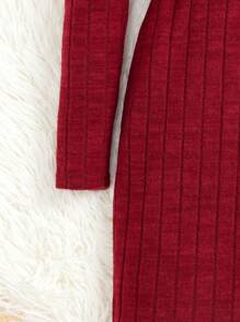 SHEIN Tween Girl Solid Color Casual Stand Collar Long Sleeve A-Line Dress - Burgundy - View 4