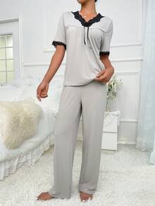 Contrast Lace Knot Front PJ Set - Grey - View 5