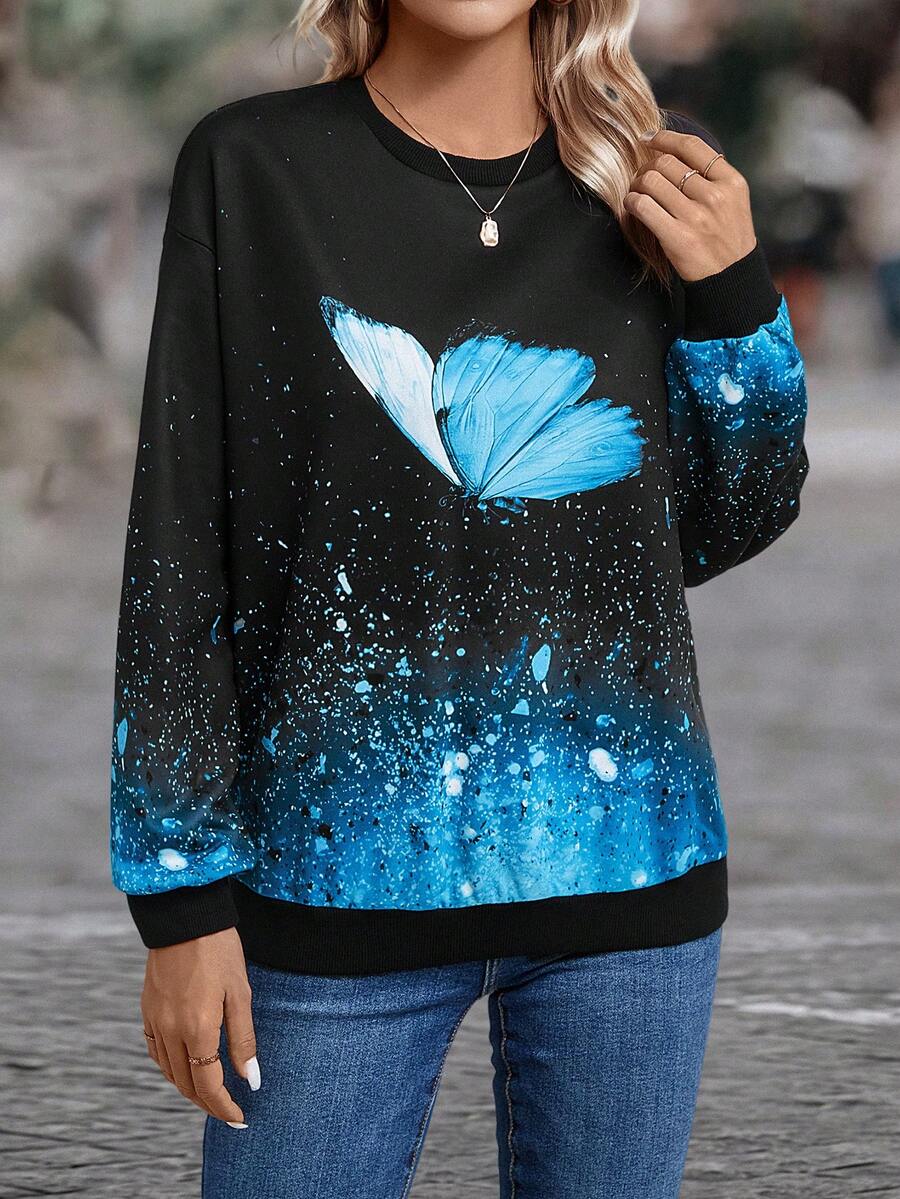 EMERY ROSE Butterfly Print Drop Shoulder Sweatshirt - Multicolor - View 1