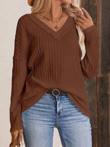 SHEIN LUNE Chất rắn Áo thun Thả vai - Cà phê nâu - Xem 1