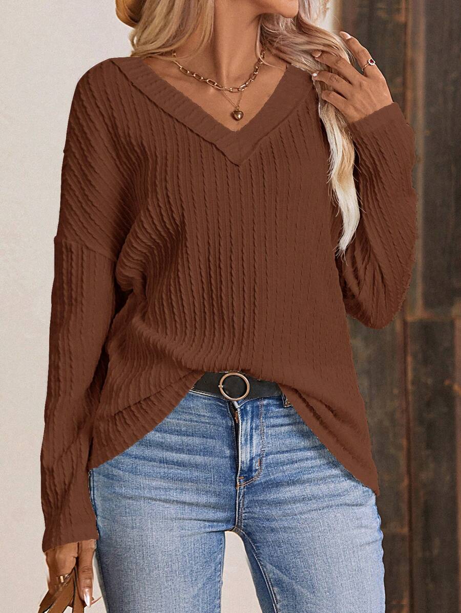 SHEIN LUNE Chất rắn Áo thun Thả vai - Cà phê nâu - Xem 1