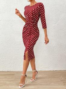 SHEIN Clasi Impressão De Bolinhas Split Thigh Com Cinto Vestido Bodycon