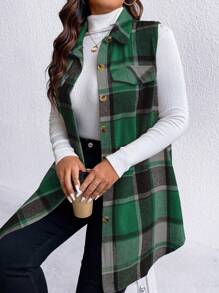 Plus Plaid Print Flap Detail Vest Coat, For Winter - Multicolor - View 4
