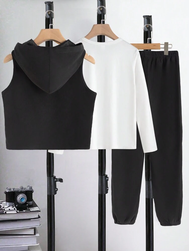 Tween Boy Cartoon and Letter Graphic Hooded Vest Jacket & Sweatpants & Tee