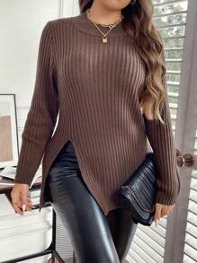 Celure Plus Split Hem Sweater - Coffee Brown - View 6