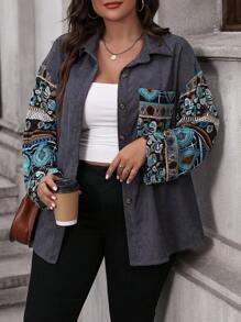 Calvaya 大碼佩斯利印花落肩袖燈芯絨大衣 - 黑色 - 查看 1