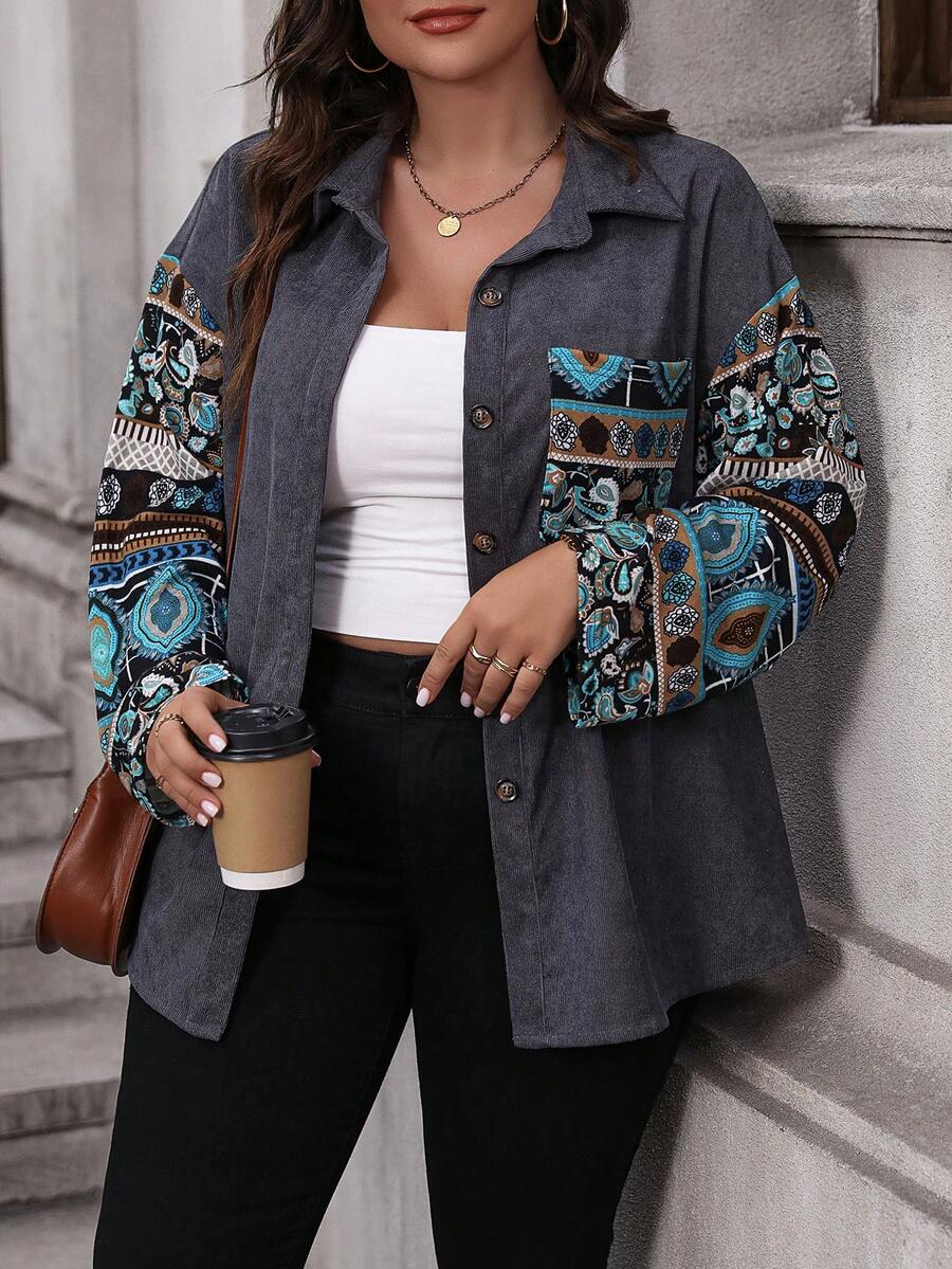 Calvaya 大碼佩斯利印花落肩袖燈芯絨大衣 - 黑色 - 查看 1