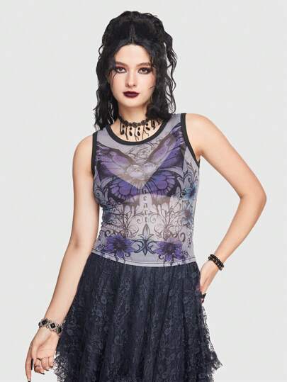 ROMWE Goth Butterfly Print Tank Top Without Bra